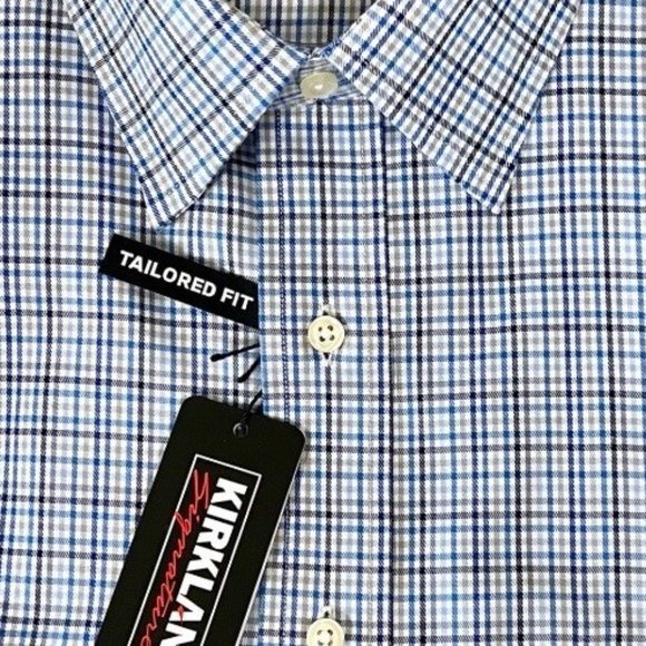 Kirkland NEW Men's Tailored Wrinkle-Free Button-Down Plaid Shirt, Light Blue - Picture 2 of 3